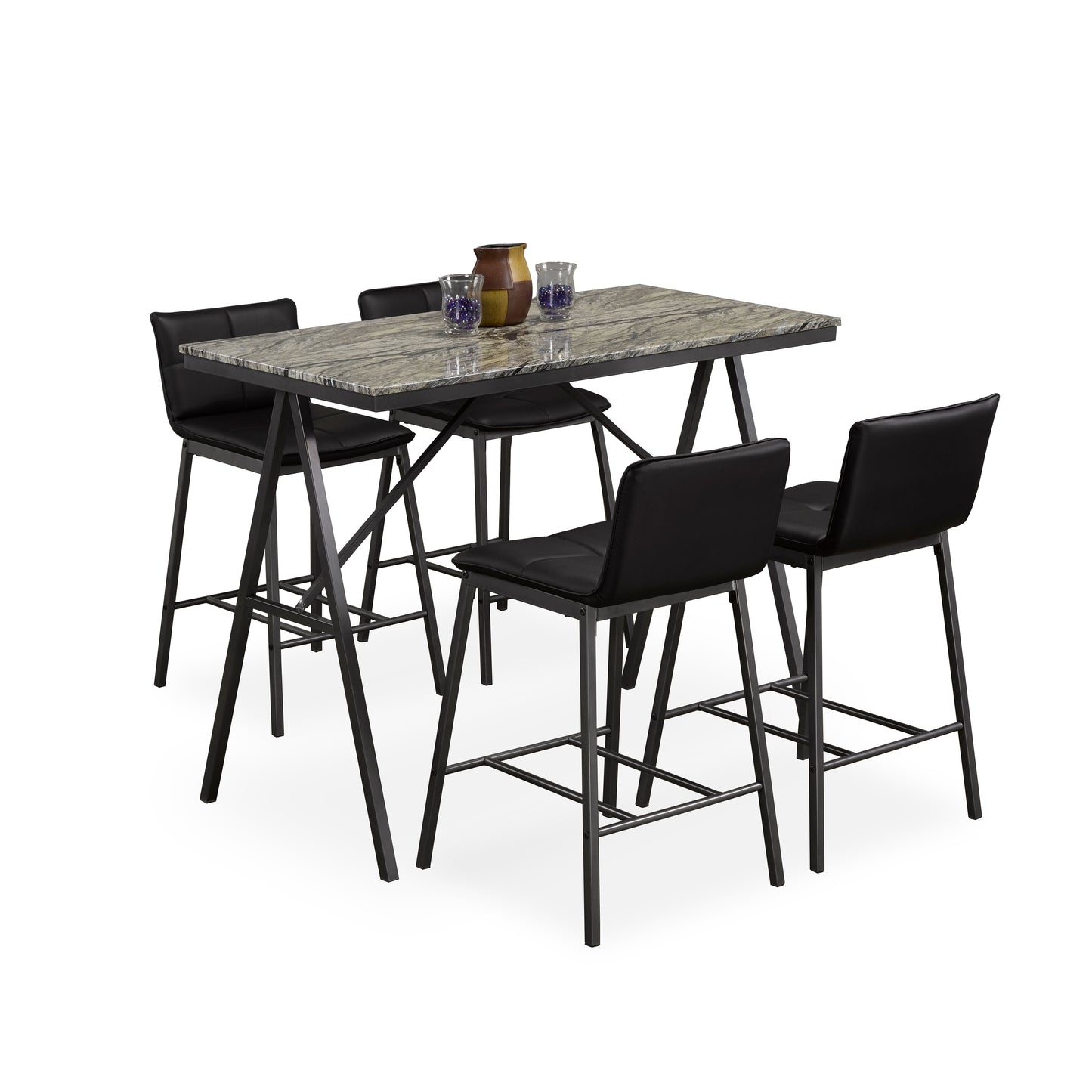 Faux Marble Top 5 Piece Pub Set with Black Leatherette Pub Chairs