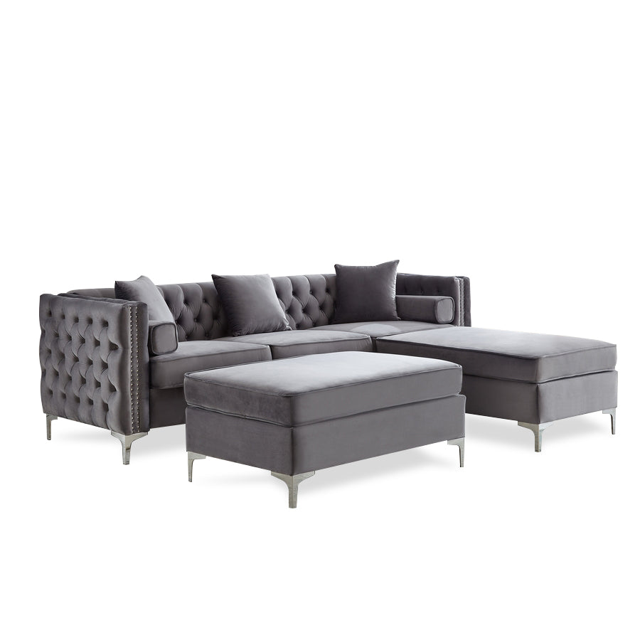 Grey Velvet Reversible Sofa Sectional with Ottoman