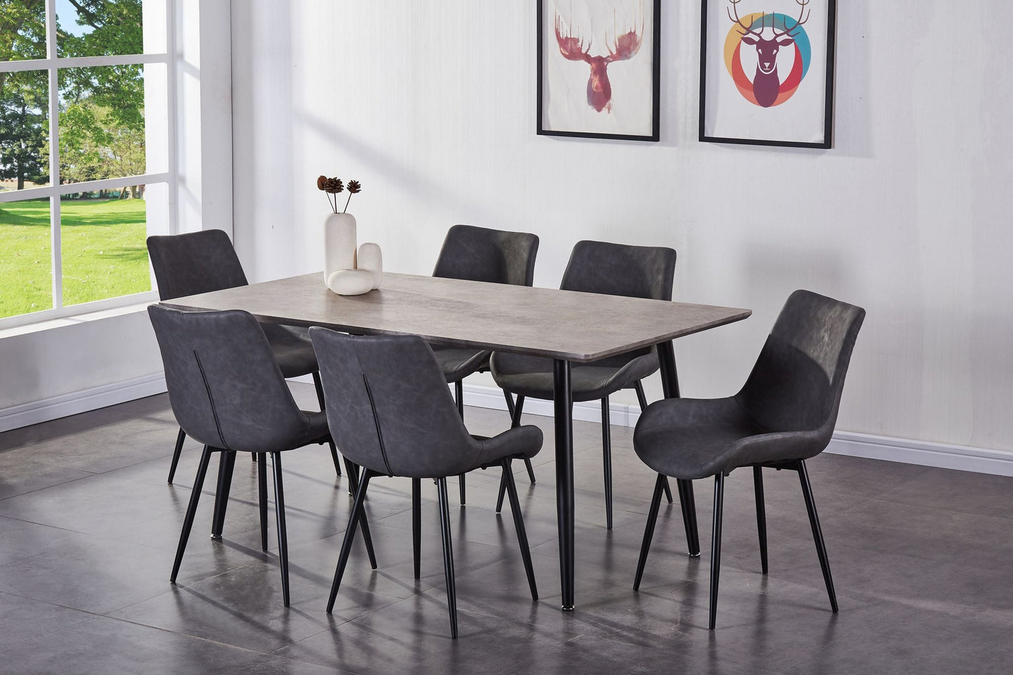 Concrete-Look 7 Piece Dining Set With Grey Air Suede Chairs