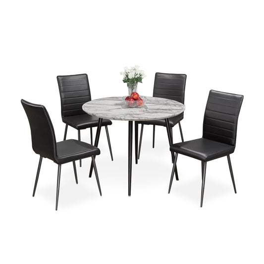 Round Faux Marble 5 Piece Dining Set with Black Leatherette Chairs