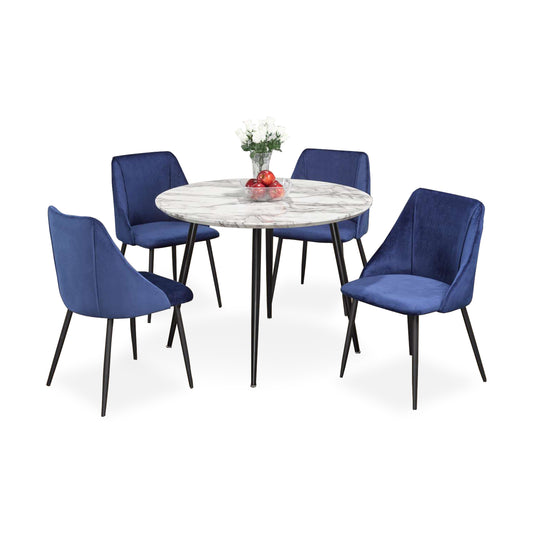 Round Faux Marble 5 Piece Dining Set with Blue Velvet Chairs