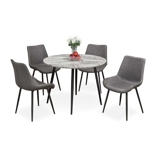 Round Faux Marble 5 Piece Dining Set with Grey Air Suede Chairs