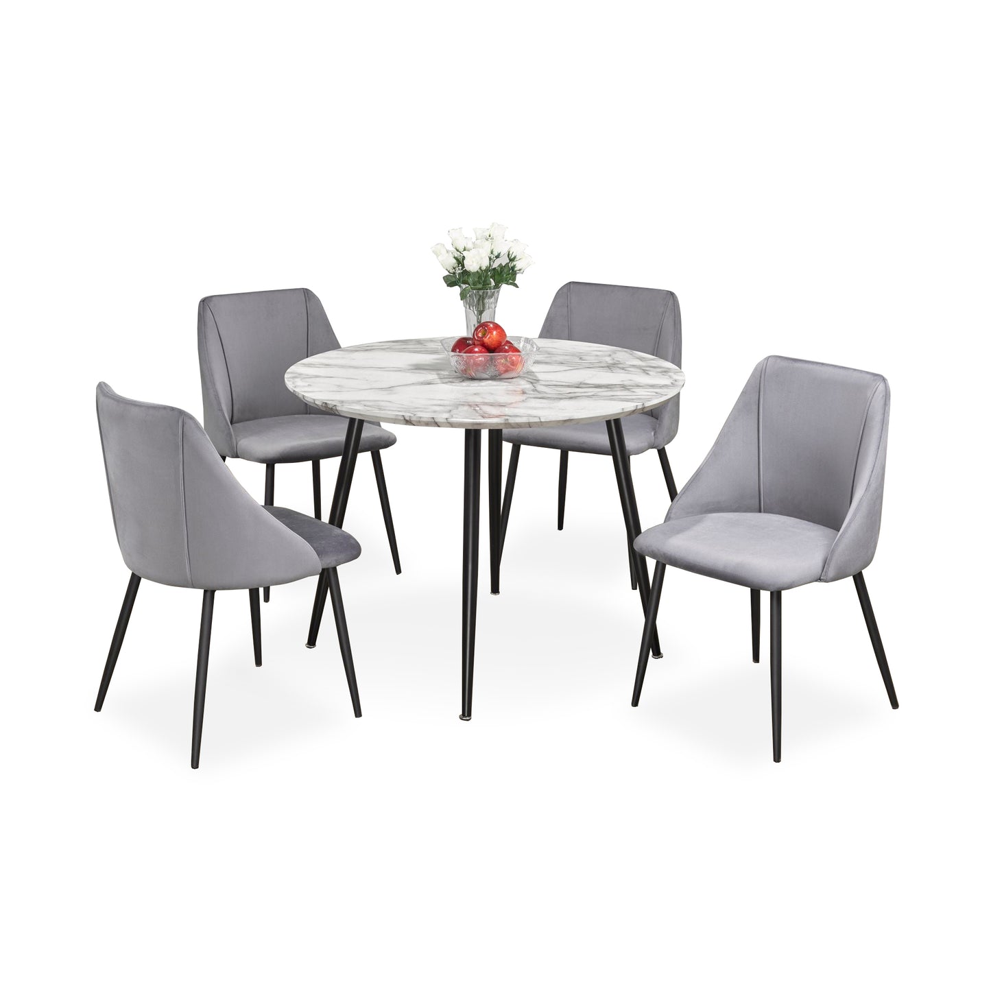 Round Faux Marble 5 Piece Dining Set with Grey Velvet Chairs