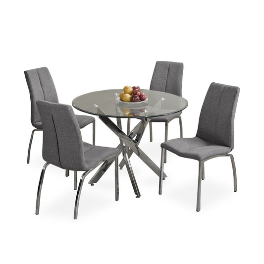 Round Glass 5 Piece Dining Set with Grey Linen Chrome Leg Chairs