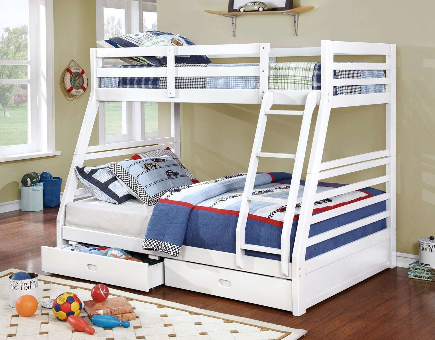 White Twin Over Double Wood Bunk Bed with Drawers